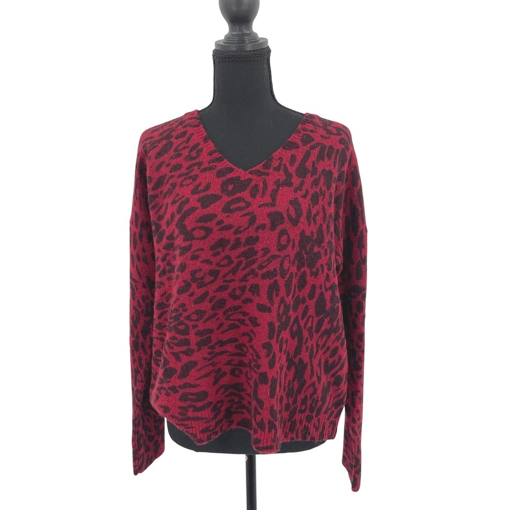 Rails Gracie Sweater Womens M Red Wool Cashmere Leopard V-Neck Pullover Trendy